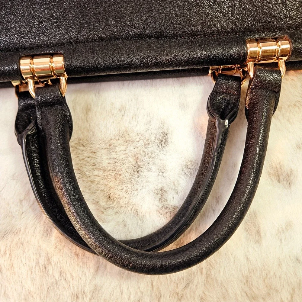 Lauren Conrad Black Faux Pebble‎ Leather & Suede Handbag Satchel Purse Rose Gold